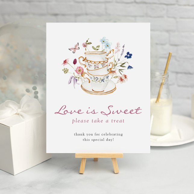Tea Love É Doce Poster (Wildflower Bridal Tea Party Love Is Sweet Poster with Butterfly by Painted Paperie
)