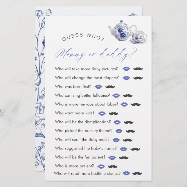 Tea Time Toile - O Chá de fraldas "Adivinha Quem" (Frente/Verso)