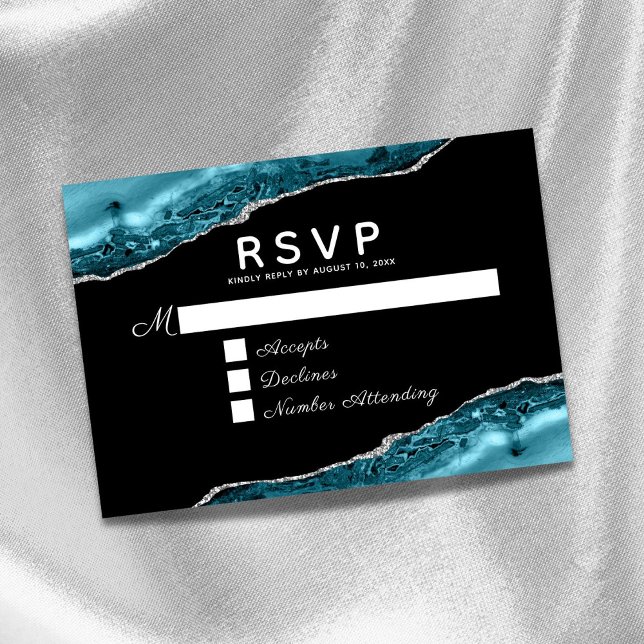 Teal Agate Silver Wedding RSVP Card (Criador carregado)