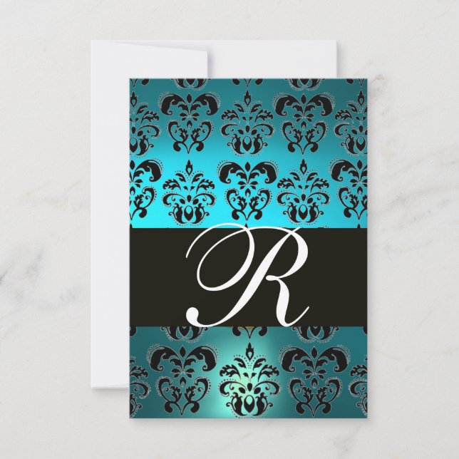 TEAL AQUA BLUE BLACK DAMASK MONOGRAM RSVP (Frente)
