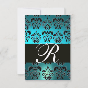 TEAL AQUA BLUE BLACK DAMASK MONOGRAM RSVP