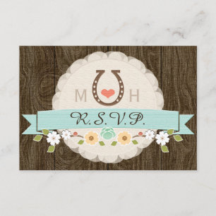 TEAL AQUA HORSESHOE WESTERN WEDDING RSVP CARTÃO