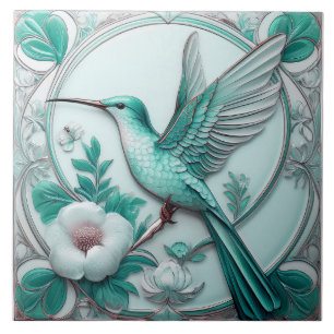 Teal Art Nouveau floral hummingbird faux alivio