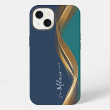 Teal Azul de Ondas Douradas Elegante com Nome