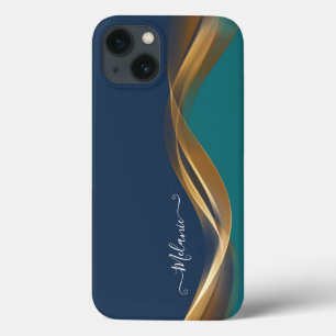 Teal Azul de Ondas Douradas Elegante com Nome