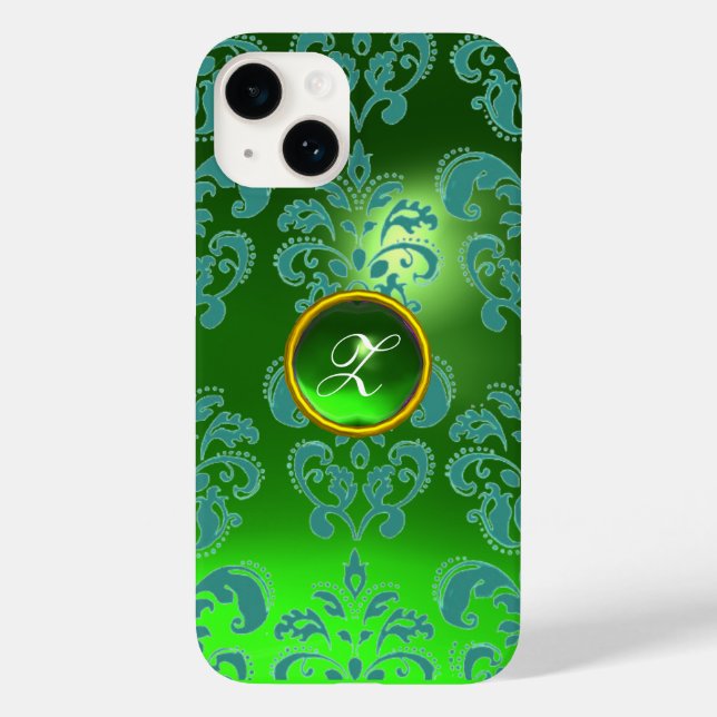 TEAL AZUL VERDE DAMASK GEMSTONE MONOGRAMA Floral (Verso)