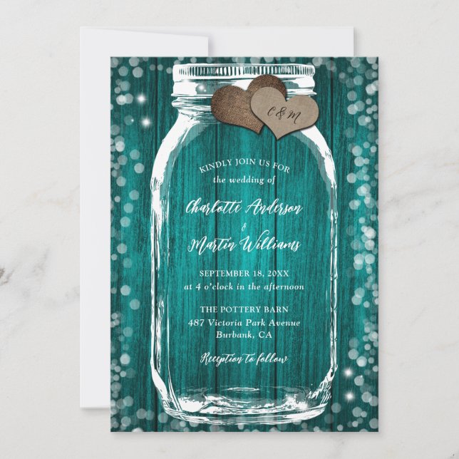 Teal Barn Wood Hearts Mason Jar Wedding Convite (Frente)