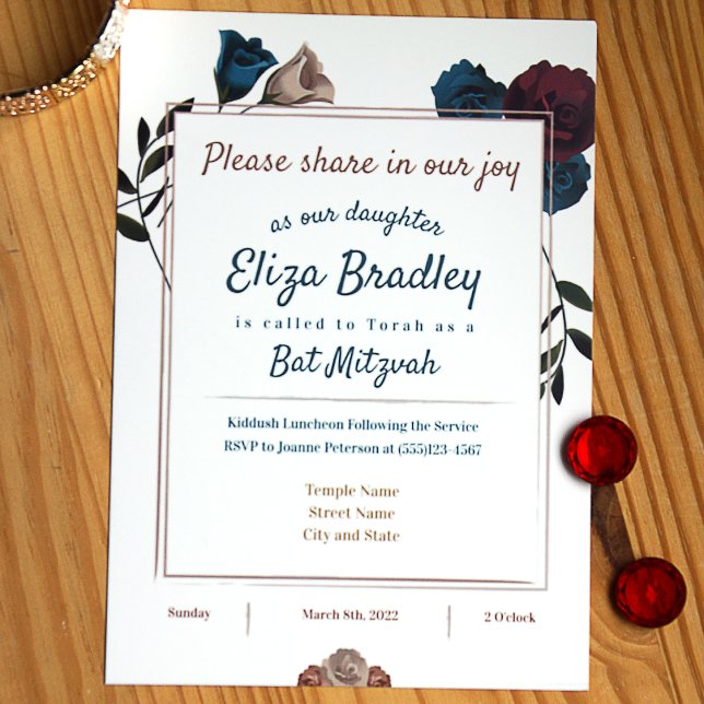 Teal, Beige, Burgundy Bat Mitzvah, Convites (Teal, beige, burgundy roses traditional floral design bat mitzvah invitation)