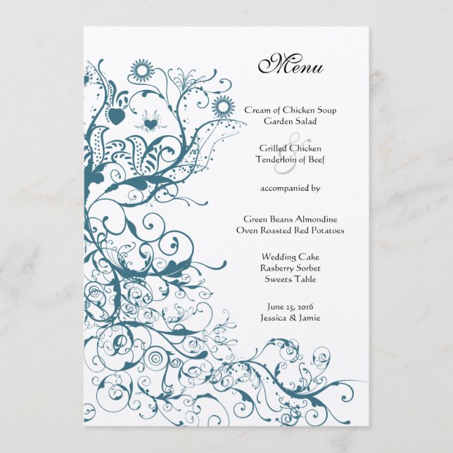 Teal Birds and Swirls Wedding Menu (Frente)