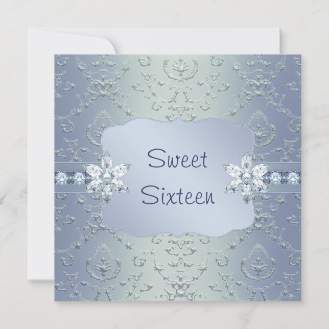 Teal Blue Damask Shimmer Sweet 16 Convite (Frente)