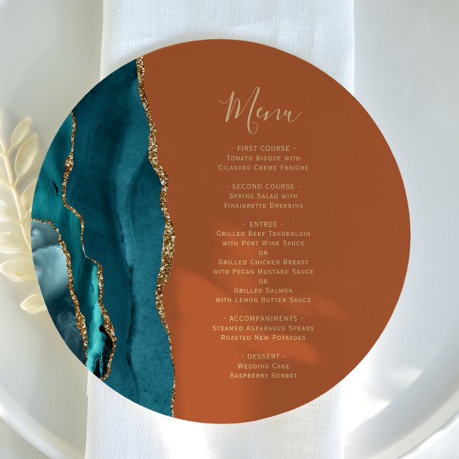 Teal Blue Gold Agate Rust Round Plate Wedding Menu (Criador carregado)