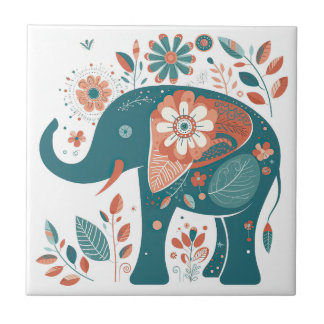 Teal Blue Orange Elephant Scandinavian Folart
