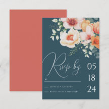 Teal Blue Primavera Peach Floral Weding RSVP
