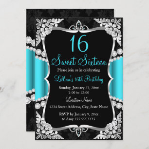 Teal Blue Silver Black Tiara Sweet 16 Convite