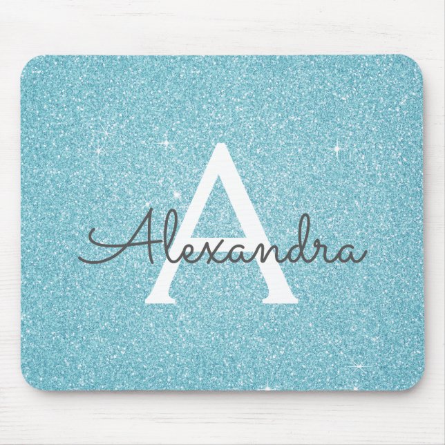 Teal Blue Sparkle Glitter Monogramas Nome Mousepad (Frente)