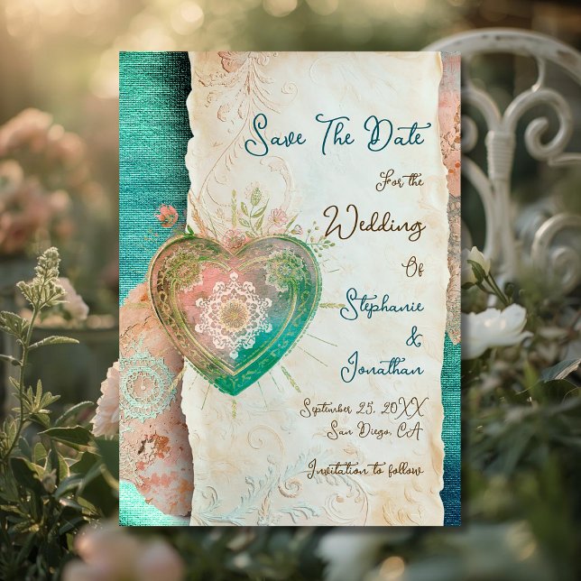 Teal Blush Lace Heart Rococo Wedding Save the Date (Criador carregado)