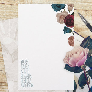 Teal, Borgonha, Rosas Beige — Papel de Carta Pesso