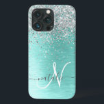 Teal Brugado Metal Silver Glitter Nome Monograma<br><div class="desc">Personalize facilmente esta moda design de capa de telefone de de chic com brilho prateado bonito em um fundo metálico escovado teal.</div>