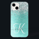 Teal Brugado Metal Silver Glitter Nome Monograma<br><div class="desc">Personalize facilmente esta moda design de capa de telefone de de chic com brilho prateado bonito em um fundo metálico escovado teal.</div>