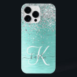 Teal Brugado Metal Silver Glitter Nome Monograma<br><div class="desc">Personalize facilmente esta moda design de capa de telefone de de chic com brilho prateado bonito em um fundo metálico escovado teal.</div>