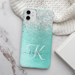 Teal Brugado Metal Silver Glitter Nome Monograma<br><div class="desc">Personalize facilmente esta moda design de capa de telefone de de chic com brilho cintilante prateado bonito num fundo metálico escovado teal.</div>