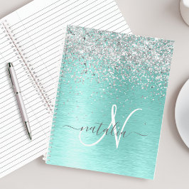 Teal Brugado Metal Silver Glitter Nome Monograma