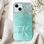 Teal Brugado Metal Silver Glitter Nome Monograma<br><div class="desc">Personalize facilmente esta moda design de capa de telefone de de chic com brilho prateado bonito em um fundo metálico escovado teal.</div>