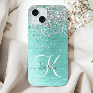 Teal Brugado Metal Silver Glitter Nome Monograma