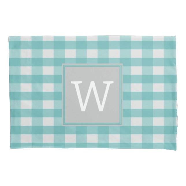Teal Buffalo Xadrez Monograma Pillowcase (Frente)