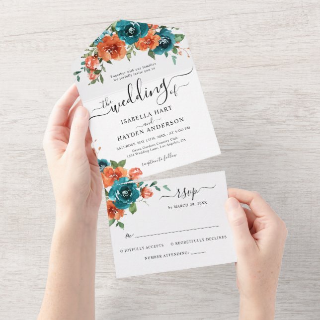 Teal Burnt Orange Rust Flowers Rustic Weding RSVP (Tearaway)