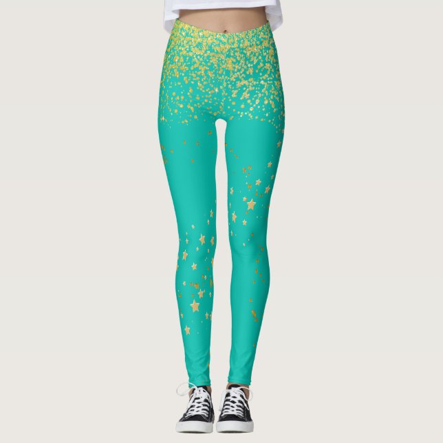 Teal com Leggings de Destaque Douradas (Frente)