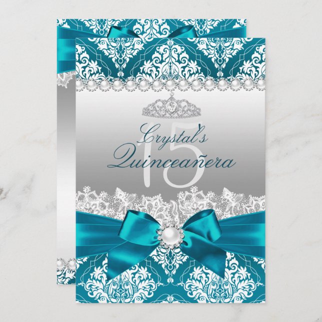 Teal Damask Pearl Arco Quinceanera Convite (Frente/Verso)