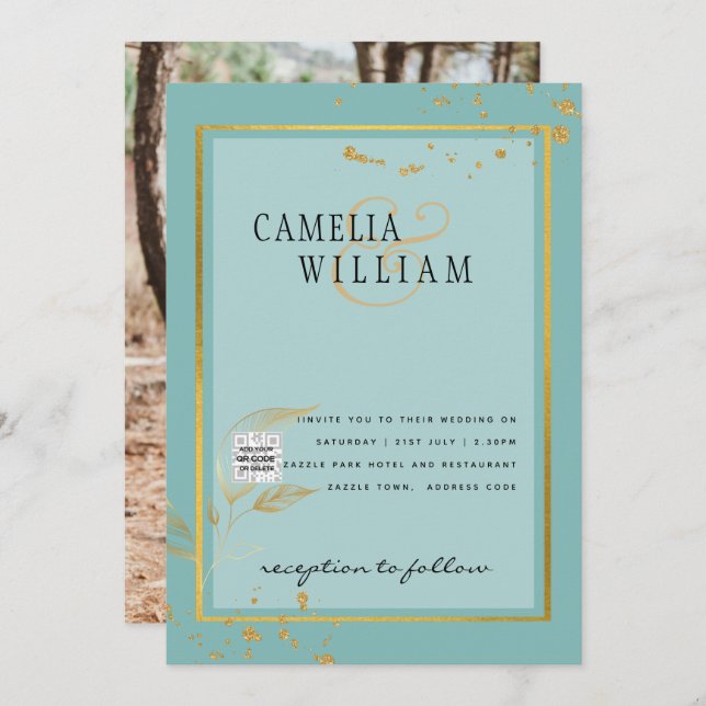 TEAL DE RSVP DE CÓDIGO QR DO Convite de casamento  (Frente/Verso)