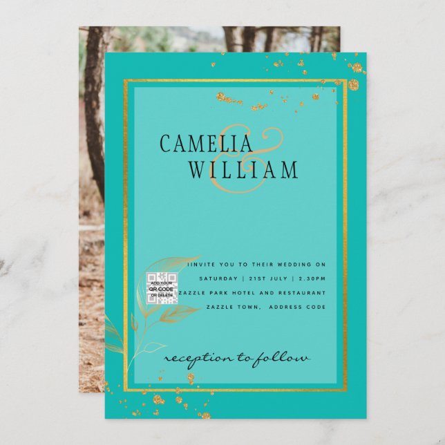 TEAL DE RSVP DE CÓDIGO QR DO Convite de casamento  (Frente/Verso)