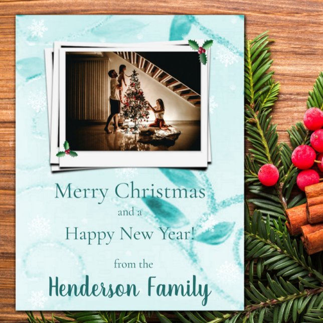 Teal deixa Cartão com fotos de Férias Planas (Teal Leaves Flat Holiday Photo Card)