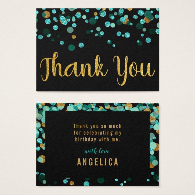 Teal Dourado Confetti Black Birthday Obrigado (Frente & Verso)