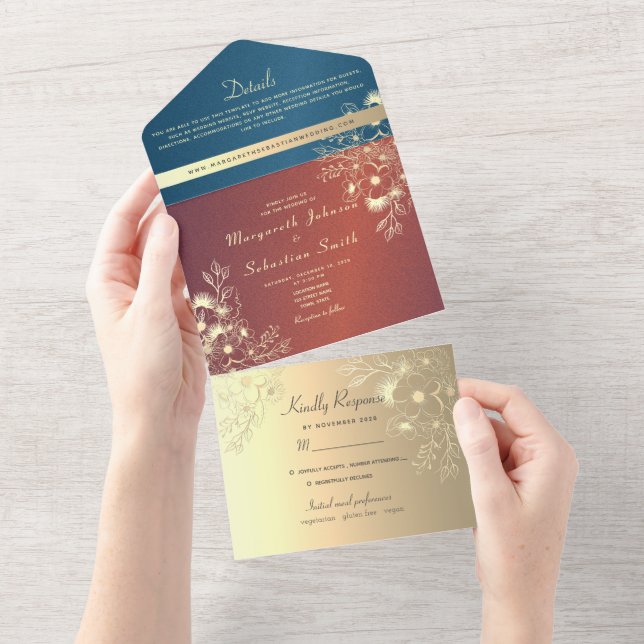 Teal Dourado Floral Foto Casamento (Aba destacável)