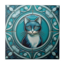 Teal e aqua Blue Faux alivio Art Nouveau Cat