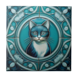 Teal e aqua Blue Faux alivio Art Nouveau Cat