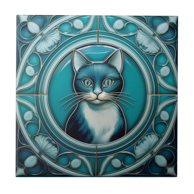 Teal e aqua Blue Faux alivio Art Nouveau Cat (Frente)