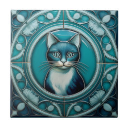 Teal e aqua Blue Faux alivio Art Nouveau Cat