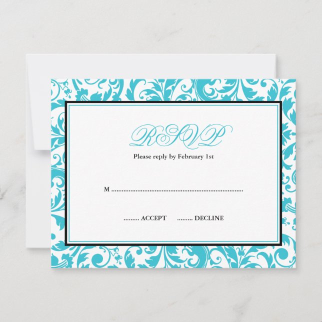 Teal e Black Swirl Damask Bat Mitzvah RSVP (Frente)