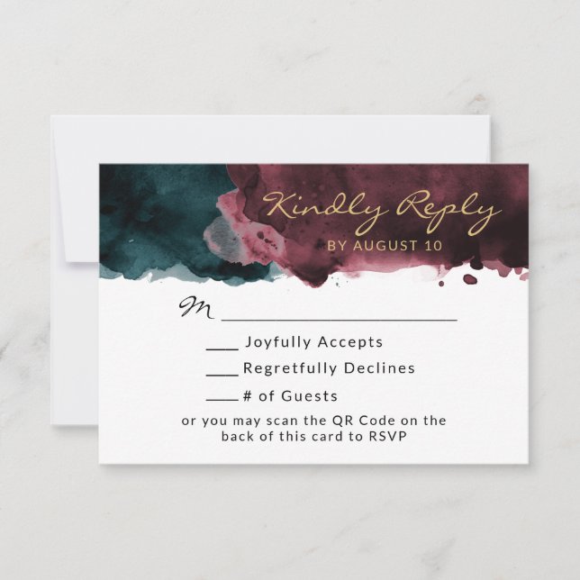 Teal e Burgundy Watercolor QR Code RSVP (Frente)