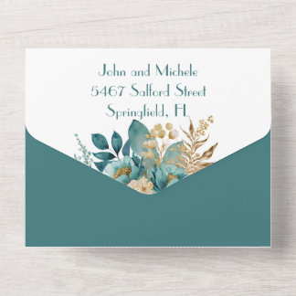 Teal e ouro floral Tudo em um Convite de casamento