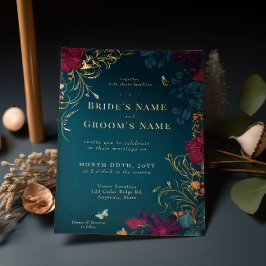 Teal e Red Jeweltone Foil Floral Convite