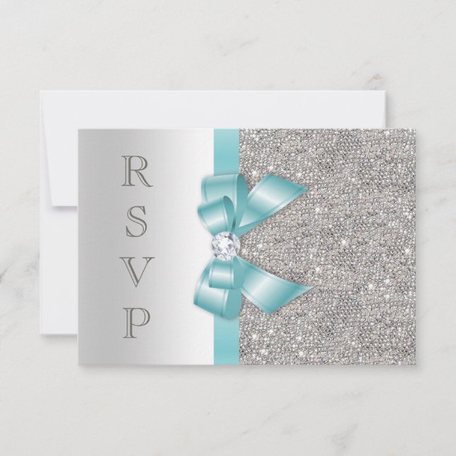 Teal Faux Bow Prata Diamantes RSVP (Frente)