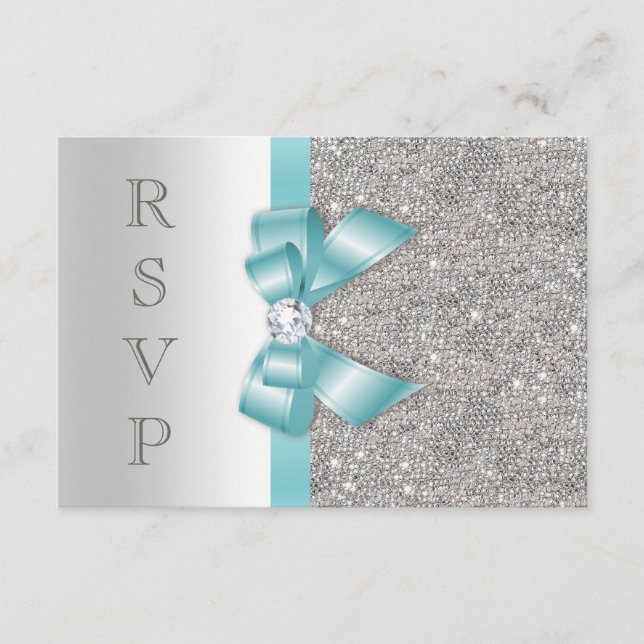 Teal Faux Bow Prata Diamantes RSVP (Frente)