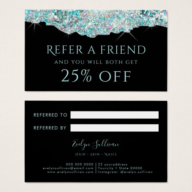 Teal faux iridescent glitter referral card (Frente & Verso)
