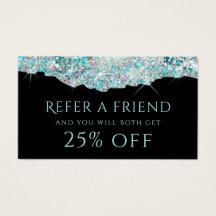 Teal faux iridescent glitter referral card