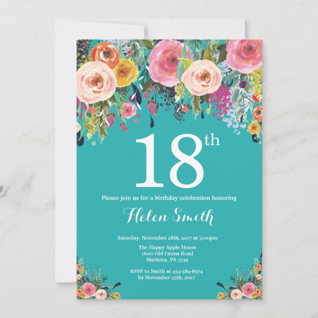 Teal Floral 18º Convite de Aniversário (Frente)